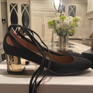 Auquazzura black suede with gold heels 38.5 (8.5)